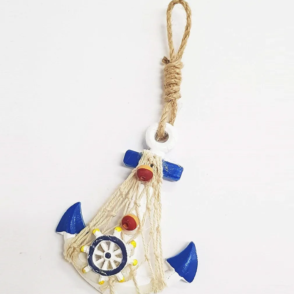 APPENDINO DA PARETE ANCORA TIMONE RETE BLU BIANCO SHABBY MARINO DECORAZIONE