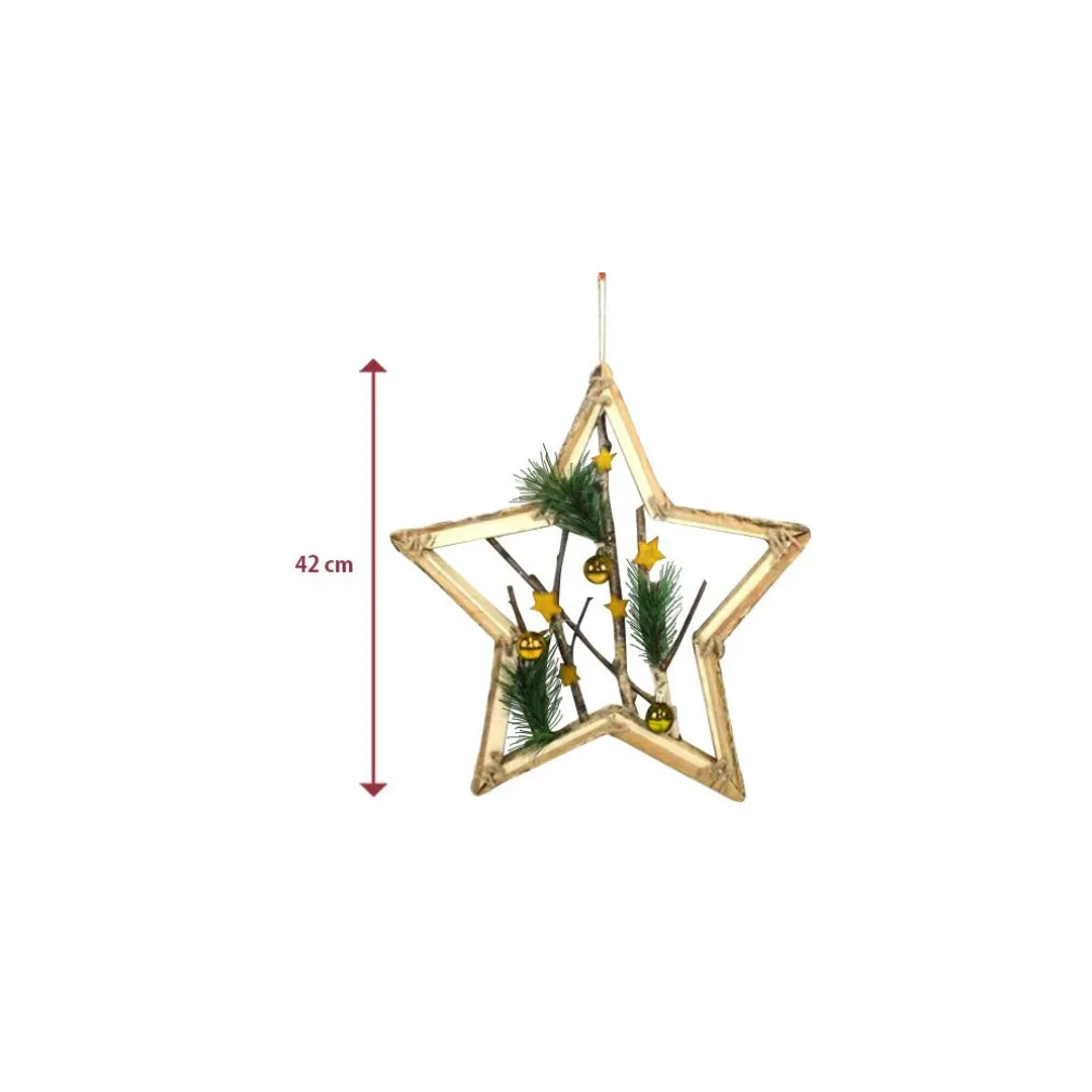 APPENDINO FORMA STELLA IN LEGNO RAMI E PALLINE 42CM ORO DECORAZIONE NATALE