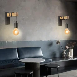 APPLIQUE A PARETE STILE INDUSTRIALE LAMPADA MURO RETRÒ VINTAGE IN METALLO LEGNO E27 AQ64