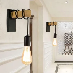 APPLIQUE A PARETE STILE INDUSTRIALE LAMPADA MURO RETRÒ VINTAGE IN METALLO LEGNO E27 AQ64