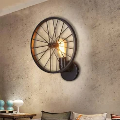 APPLIQUE A PARETE STILE VINTAGE LAMPADA FORMA DI RUOTA BICICLETTA NERO E27 AQ62