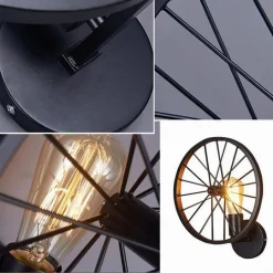 APPLIQUE A PARETE STILE VINTAGE LAMPADA FORMA DI RUOTA BICICLETTA NERO E27 AQ62