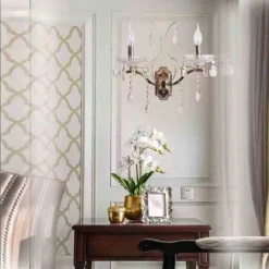 APPLIQUE CANDELABRO 2 BRACCI CON PENDENTI GOCCE CRISTALLO RETRÒ ATTACCO E14 E68-2