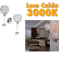 APPLIQUE DA PARETE DOPPIA LAMPADA TONDO CRISTALLI LUCE LED CALDO 3000 LAMPADARIO