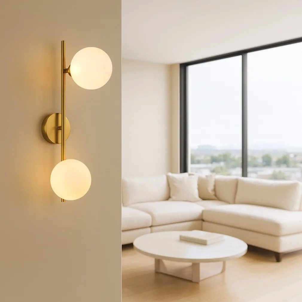 APPLIQUE DA PARETE STRUTTURA IN METALLO BRONZO MINIMAL CON ATTACCO G9 2 SFERE OPACHE AQ41