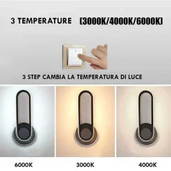 APPLIQUE LED GIREVOLE 9W 3 STEP LUCE 3000K 4000K 6000K LAMPADA ELEGANTE MURO 230V