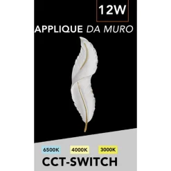 APPLIQUE LED LAMPADA MURO 12W CCT 3 TONALITÀ LUCE DESIGN PIUMA BIANCA ORO RESINA AQ24-B3C