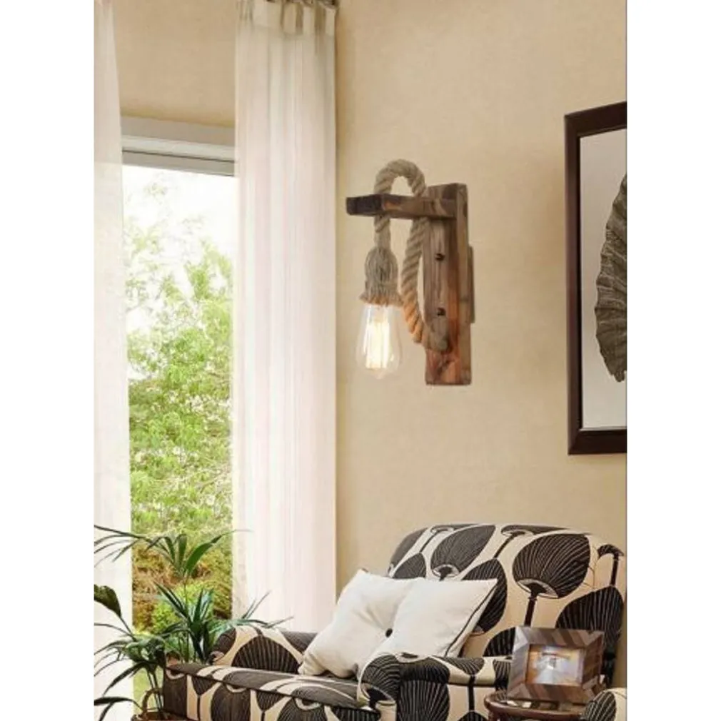 APPLIQUE PARETE E70 VINTAGE IN LEGNO CORDA CANAPA MURO COUNTRY PORTALAMPADA E27