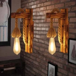 APPLIQUE PARETE E70 VINTAGE IN LEGNO CORDA CANAPA MURO COUNTRY PORTALAMPADA E27