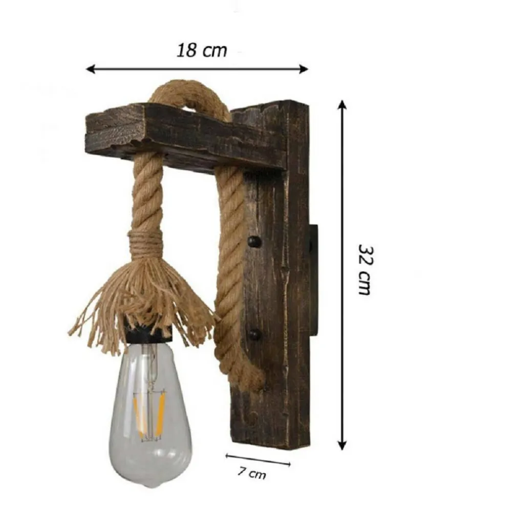 APPLIQUE PARETE E70 VINTAGE IN LEGNO CORDA CANAPA MURO COUNTRY PORTALAMPADA E27