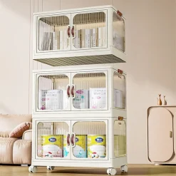 ARMADIETTO IN PLASTICA PIEGHEVOLE CON ANTE CONTENITORI TRASPARENTI CON RUOTE ARMADIO