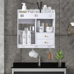 ARMADIETTO MOBILE DA PARETE BIANCO PER COSMETICI MEDICINALI ORGANIZER BAGNO CON CASSETTI