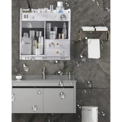 ARMADIETTO MOBILE DA PARETE BIANCO PER COSMETICI MEDICINALI ORGANIZER BAGNO CON CASSETTI