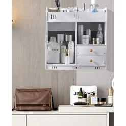 ARMADIETTO MOBILE DA PARETE BIANCO PER COSMETICI MEDICINALI ORGANIZER BAGNO CON CASSETTI