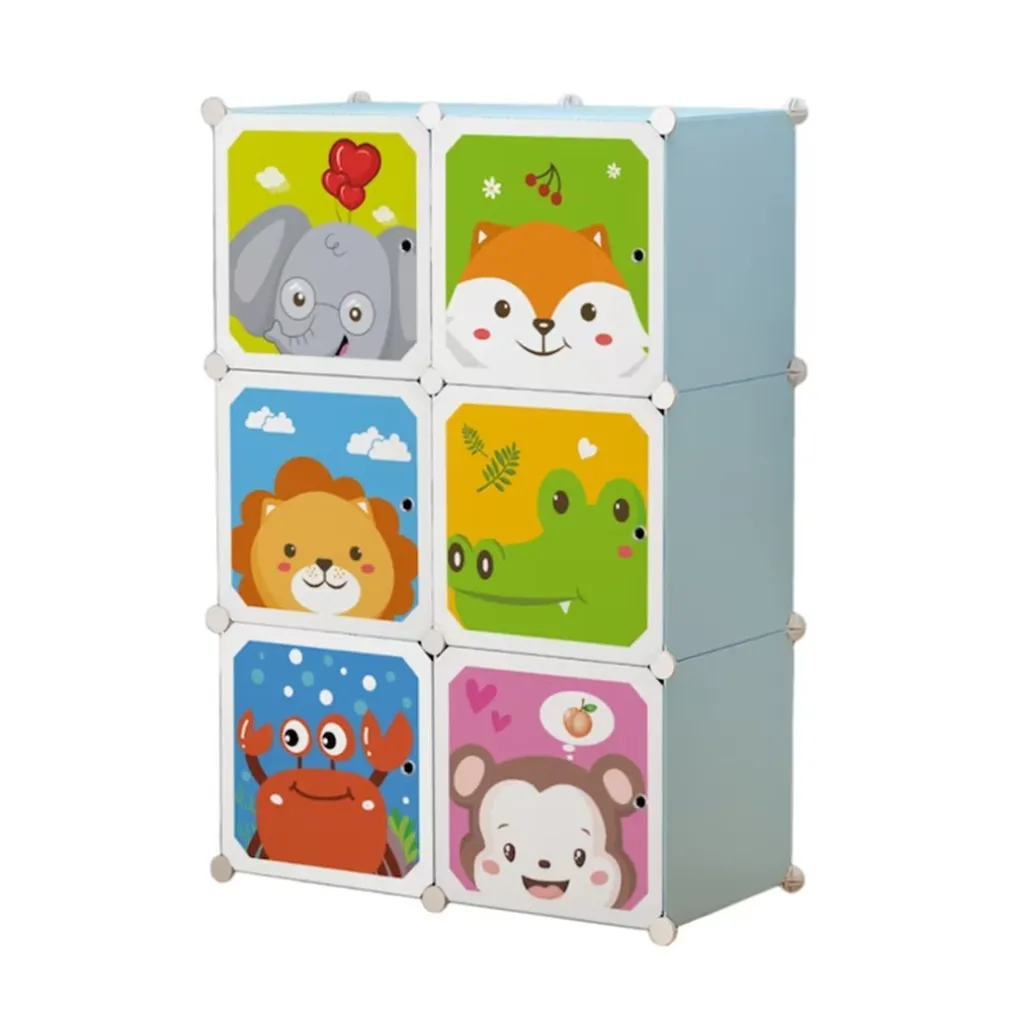 ARMADIO MODULARE PER BAMBINI MULTIUSO PORTAOGGETTI A 6 SCOMPARTI CUBI CON ANTE DECORATE