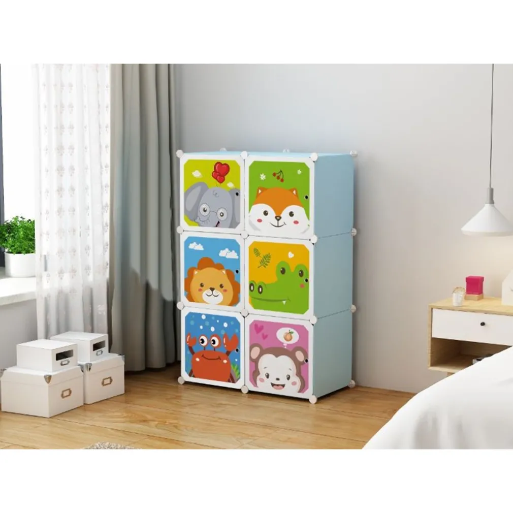 ARMADIO MODULARE PER BAMBINI MULTIUSO PORTAOGGETTI A 6 SCOMPARTI CUBI CON ANTE DECORATE