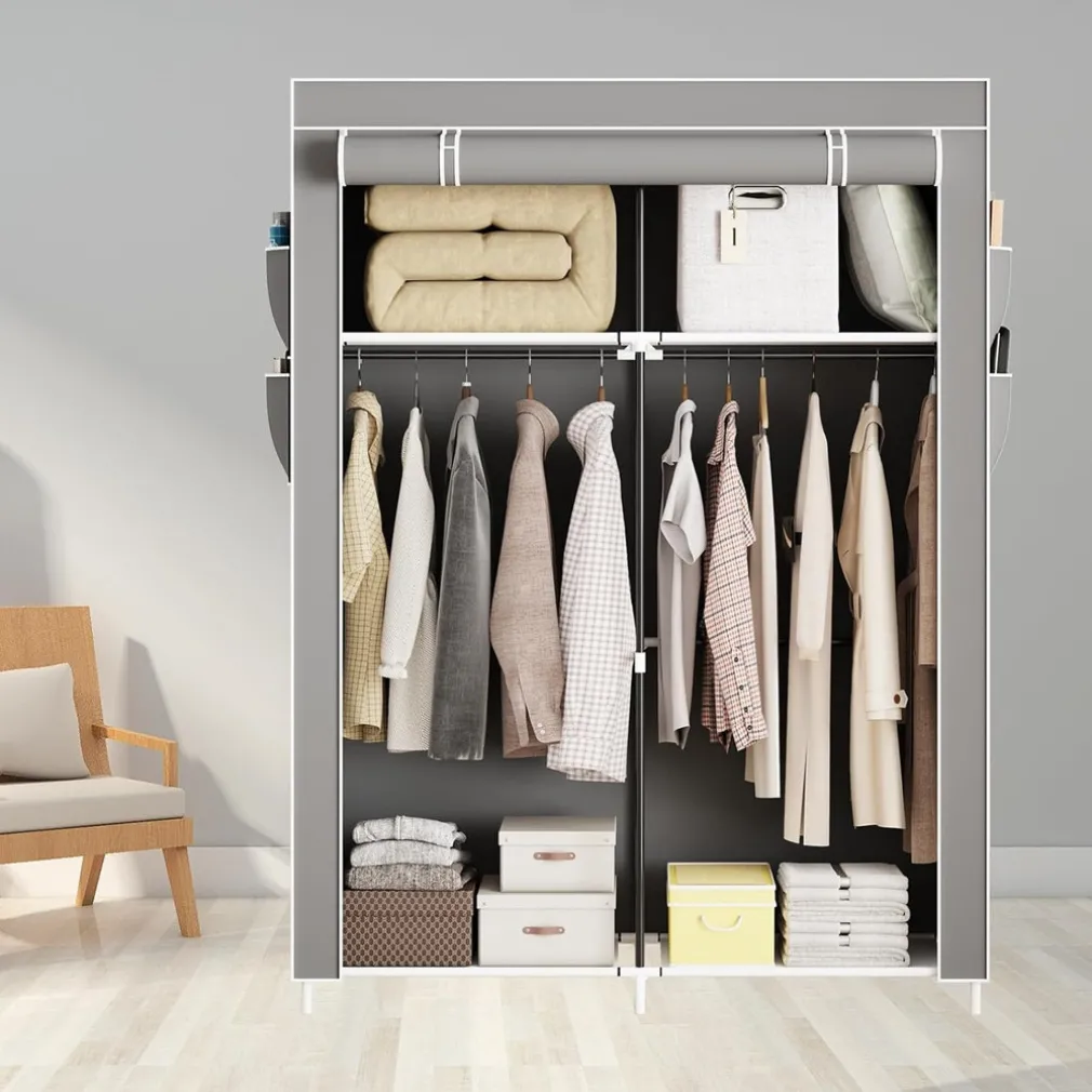 ARMADIO PORTATILE IN TELA ORGANIZER PIEGHEVOLE CON MENSOLE 2 BINARI PER APPENDERE VESTITI