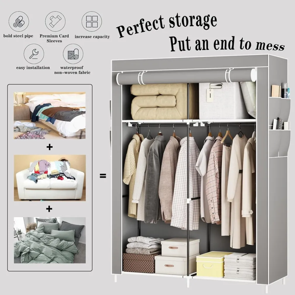 ARMADIO PORTATILE IN TELA ORGANIZER PIEGHEVOLE CON MENSOLE 2 BINARI PER APPENDERE VESTITI