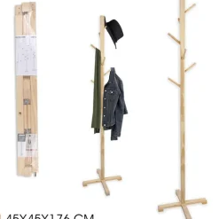 ATTACCAPANNI APPENDIABITI A PIANTANA TERRA IN LEGNO NATURALE 6 GANCI 45X45X176CM