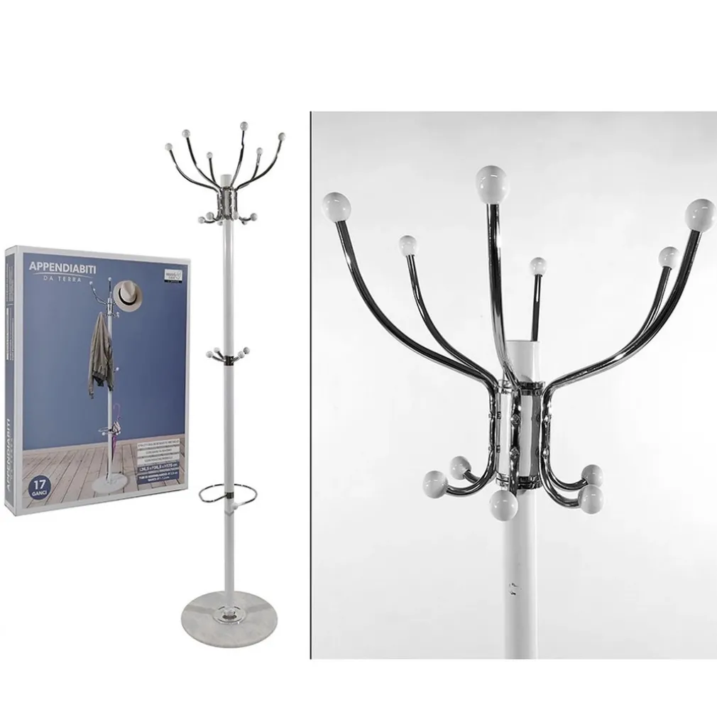 ATTACCAPANNI APPENDIABITI DA TERRA CON 17 GANCI IN METALLO CROMO BIANCO BASE IN MARMO 175CM