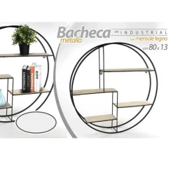 BACHECA PORTA OGGETTI IN METALLO TONDA PARETE MENSOLE LEGNO 80X13CM NERO 763601