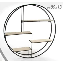 BACHECA PORTA OGGETTI IN METALLO TONDA PARETE MENSOLE LEGNO 80X13CM NERO 763601