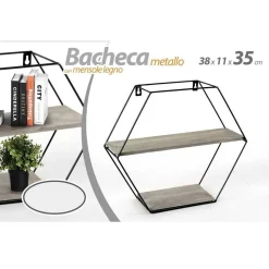 BACHECA PORTA OGGETTI METALLO ESAGONALE PARETE 2 MENSOLE LEGNO 38X11X35CM 751998