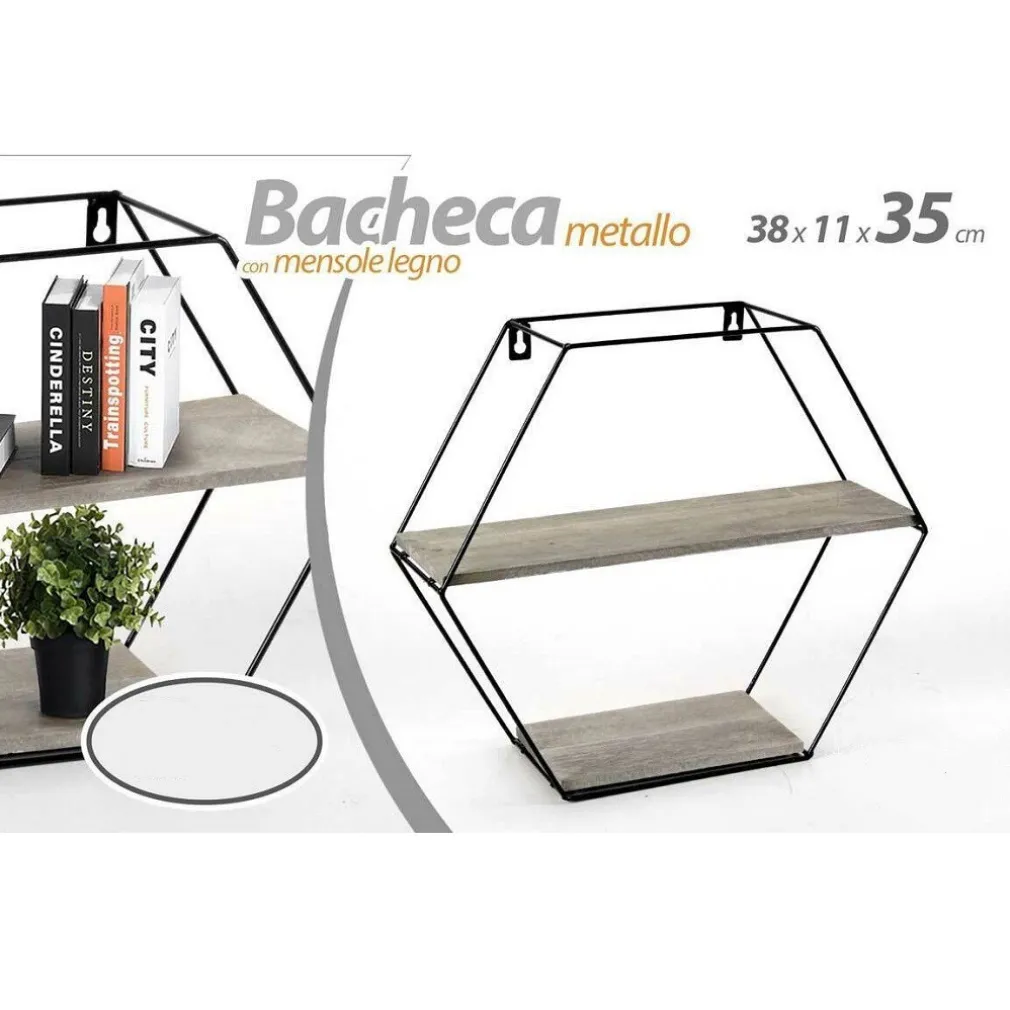 BACHECA PORTA OGGETTI METALLO ESAGONALE PARETE 2 MENSOLE LEGNO 38X11X35CM 751998