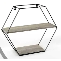 BACHECA PORTA OGGETTI METALLO ESAGONALE PARETE 2 MENSOLE LEGNO 38X11X35CM 751998