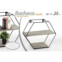 BACHECA PORTA OGGETTI METALLO ESAGONALE PARETE 2 MENSOLE LEGNO 29X11X25CM 751981