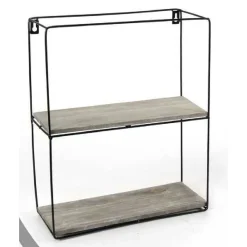 BACHECA PORTA OGGETTI METALLO RETTANGOLARE PARETE 2 MENSOLE LEGNO 32X12X38CM 751967