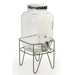 BARATTOLO DISPENSER IN VETRO CON RUBINETTO SUPPORTO 4LT QUADRATA METALLO 796470