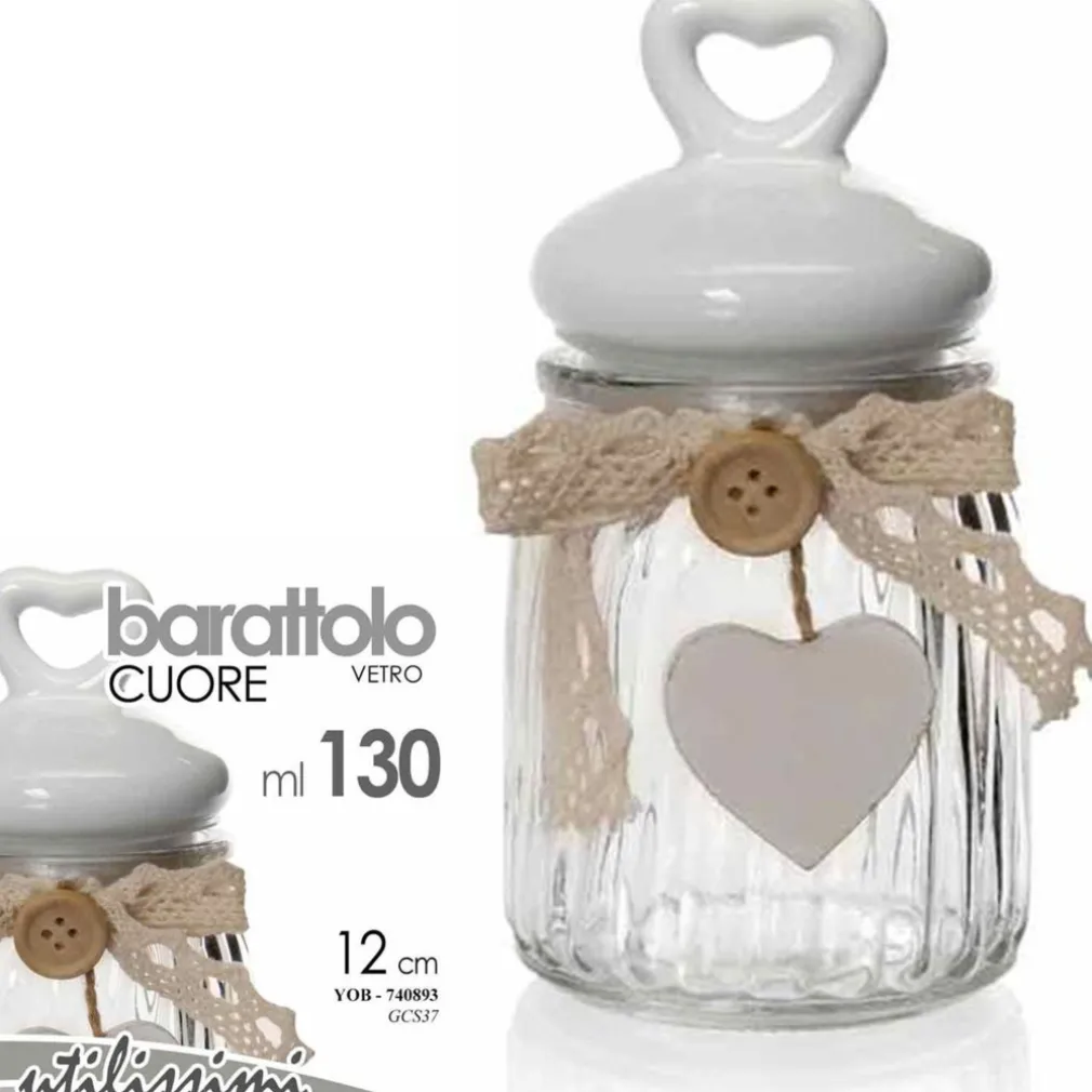 BARATTOLO 130ML IN VETRO TAPPO CUORE BIANCO BOMBONIERA CONTENITORE 12CM 740893