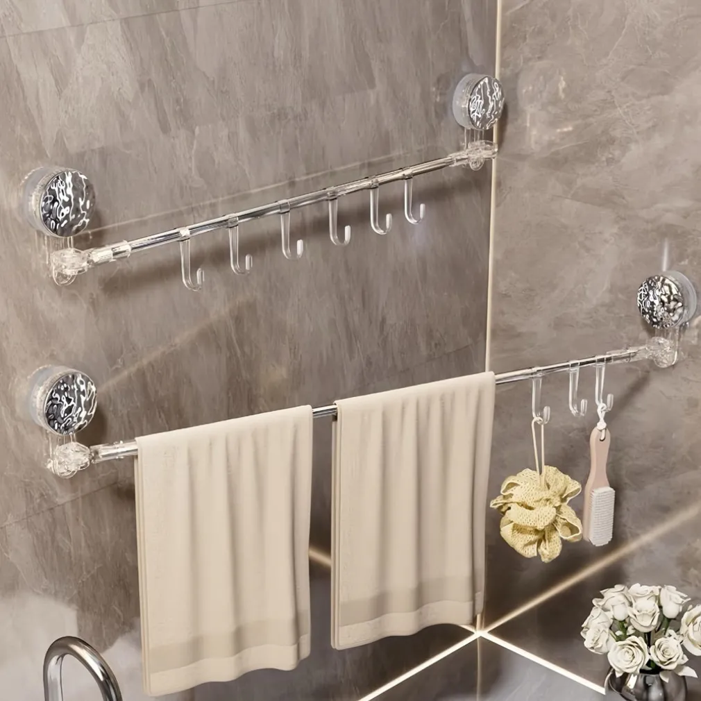 BASTONE TELESCOPICO REGOLABILE 76-135CM A VENTOSA DA PARETE CON GANCI ROTAZIONE A 180°