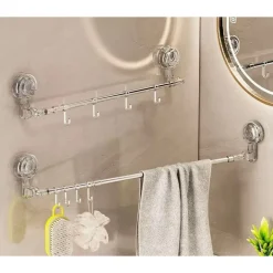 BASTONE TELESCOPICO REGOLABILE 76-135CM A VENTOSA DA PARETE CON GANCI ROTAZIONE A 180°