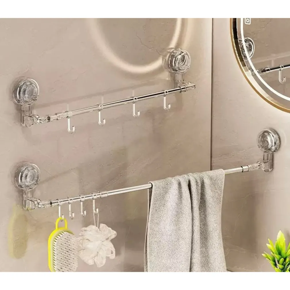 BASTONE TELESCOPICO REGOLABILE 76-135CM A VENTOSA DA PARETE CON GANCI ROTAZIONE A 180°