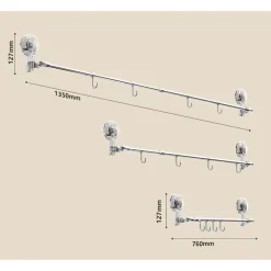BASTONE TELESCOPICO REGOLABILE 76-135CM A VENTOSA DA PARETE CON GANCI ROTAZIONE A 180°