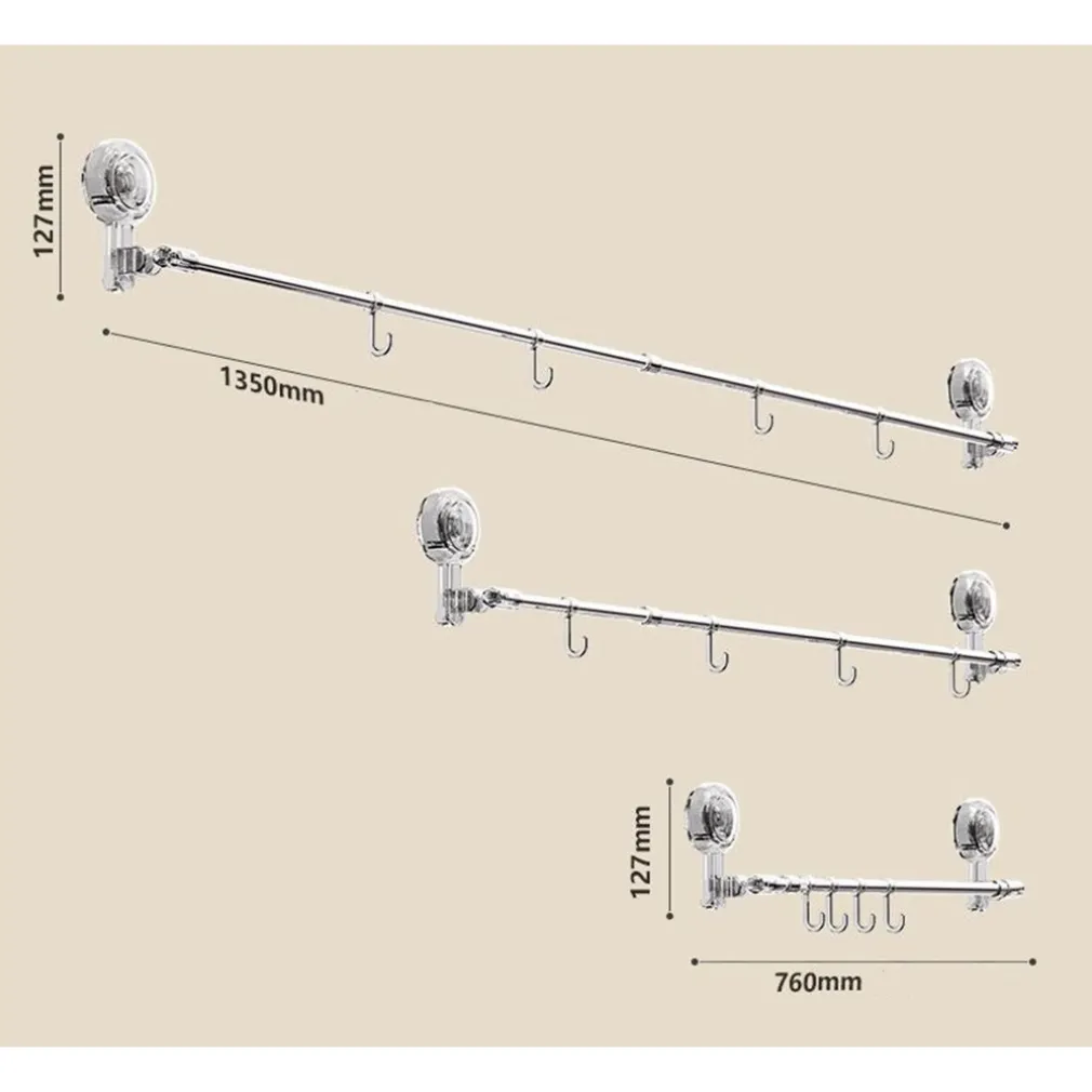BASTONE TELESCOPICO REGOLABILE 76-135CM A VENTOSA DA PARETE CON GANCI ROTAZIONE A 180°