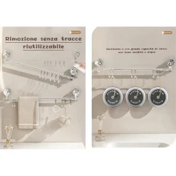 BASTONE TELESCOPICO REGOLABILE 76-135CM A VENTOSA DA PARETE CON GANCI ROTAZIONE A 180°