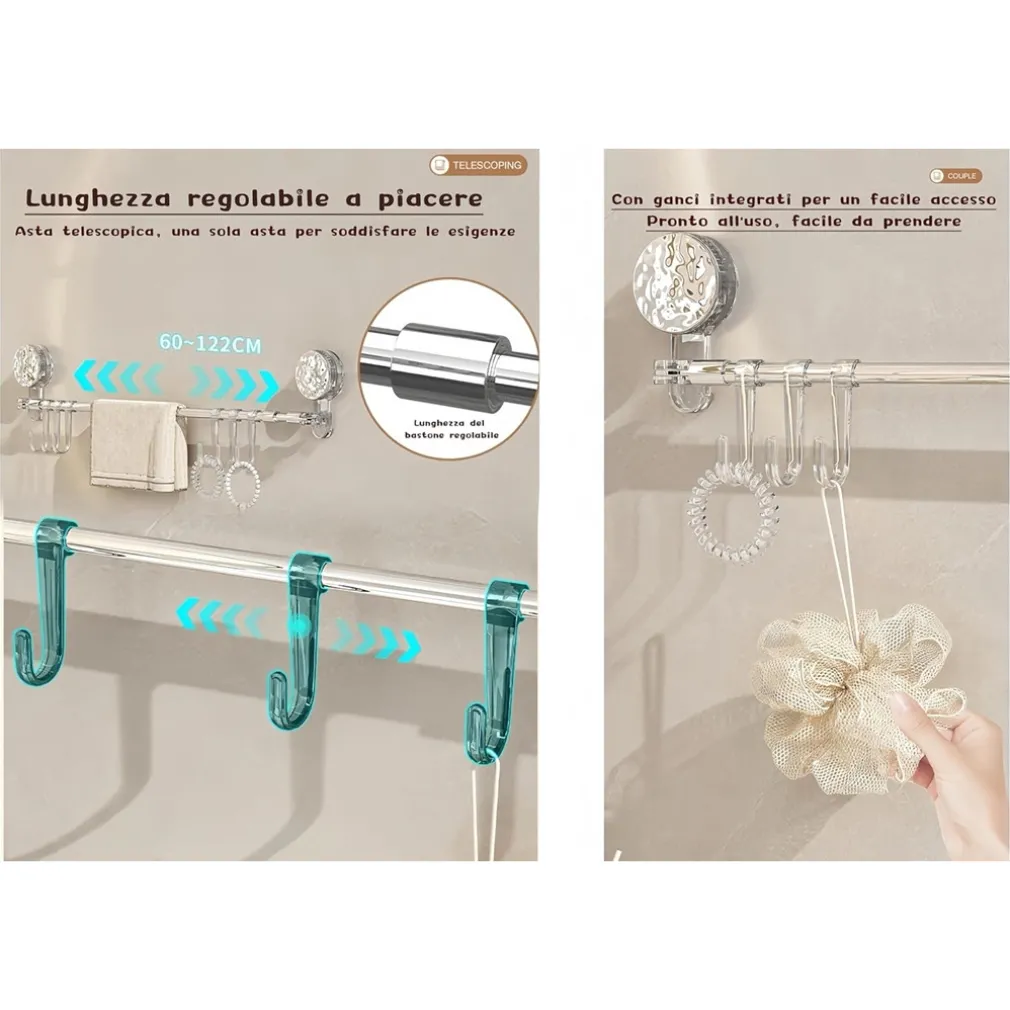 BASTONE TELESCOPICO REGOLABILE 76-135CM A VENTOSA DA PARETE CON GANCI ROTAZIONE A 180°