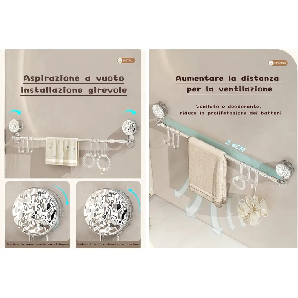 BASTONE TELESCOPICO REGOLABILE 76-135CM A VENTOSA DA PARETE CON GANCI ROTAZIONE A 180°