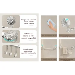 BASTONE TELESCOPICO REGOLABILE 76-135CM A VENTOSA DA PARETE CON GANCI ROTAZIONE A 180°