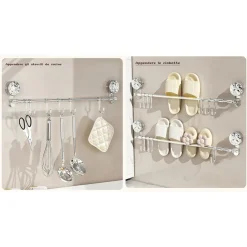 BASTONE TELESCOPICO REGOLABILE 76-135CM A VENTOSA DA PARETE CON GANCI ROTAZIONE A 180°