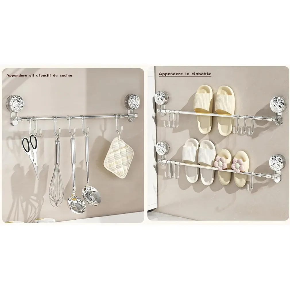 BASTONE TELESCOPICO REGOLABILE 76-135CM A VENTOSA DA PARETE CON GANCI ROTAZIONE A 180°