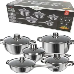 BATTERIA DI PENTOLE IN ACCIAIO COPERCHI IN VETRO TEMPERATO 10 PZ VALVOLA SFIATO