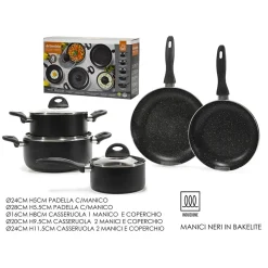 BATTERIA DI PENTOLE PADELLE DA 8PZ ANTIADERENTI IN ALLUMINIO MANICI IN BAKELITE INDUZIONE