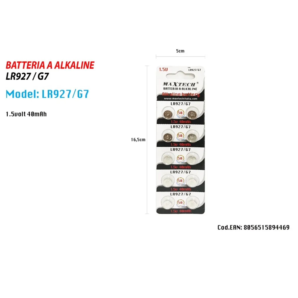 BATTERIE ALKALINE LR927/G7 1.5V 40MAH PILE BOTTONE OROLOGI TELECOMANDI MAXTECH