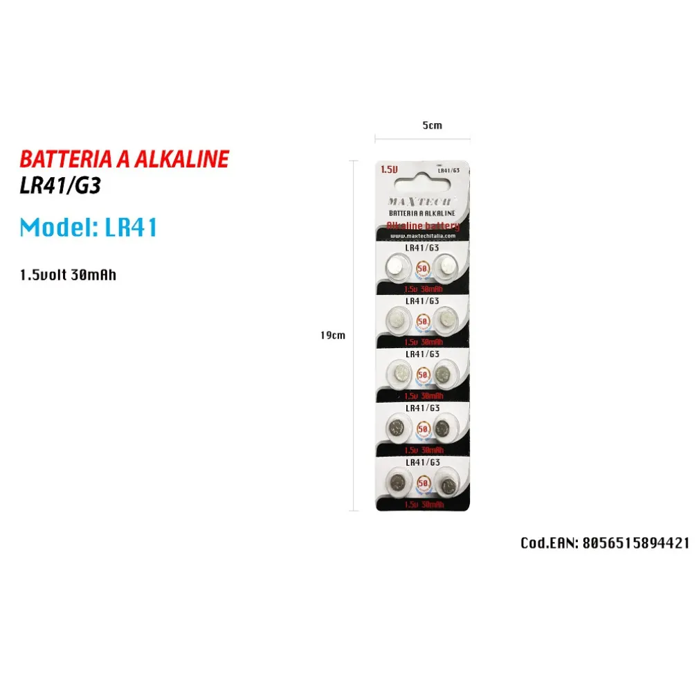BATTERIE PILE ALKALINE LR41/G3 1.5V A BOTTONE PER OROLOGI TELECOMANDI MAXTECH LR41