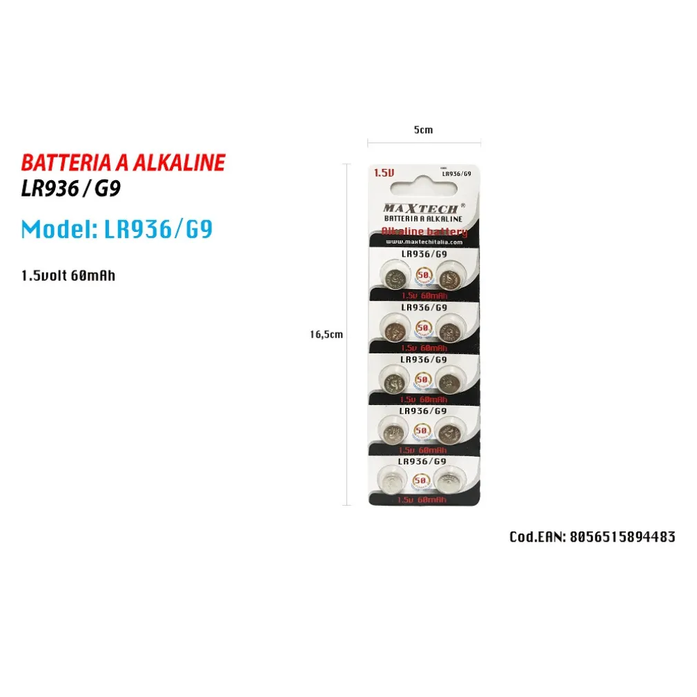 BATTERIE PILE ALKALINE LR936/G9 1.5V BOTTONE 60MAH PER OROLOGI TELECOMANDI MAXTECH