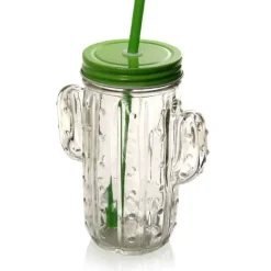 BICCHIERE CON CANNUCCIA COPERCHIO PARTY FESTE FORMA CACTUS IN VETRO 400ML 738135